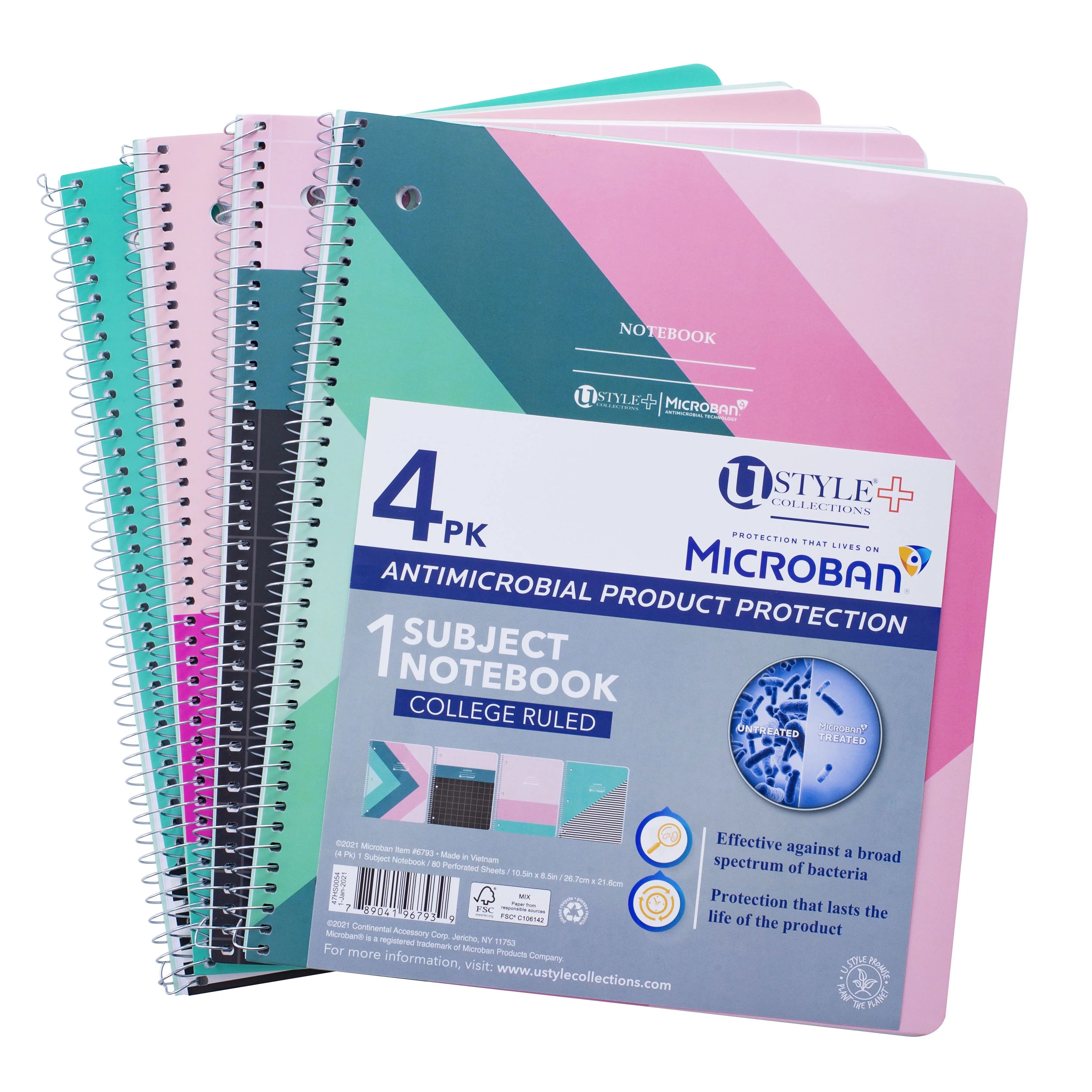 U Style Antimicrobial 1 Subject Notebook with Microban®, 80 Sheets, College Ruled, 4 Pack, Fashi... | Walmart (US)