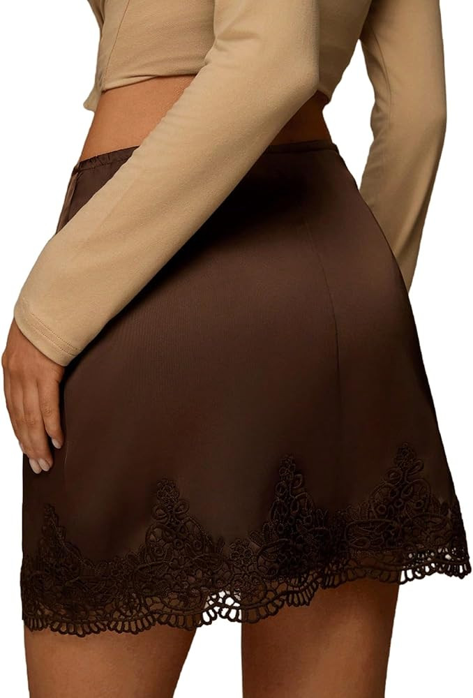 MakeMeChic Women's Satin Silk Floral Lace Skirt Low Waist A Line Elegant Flowy Mini Skirts | Amazon (US)