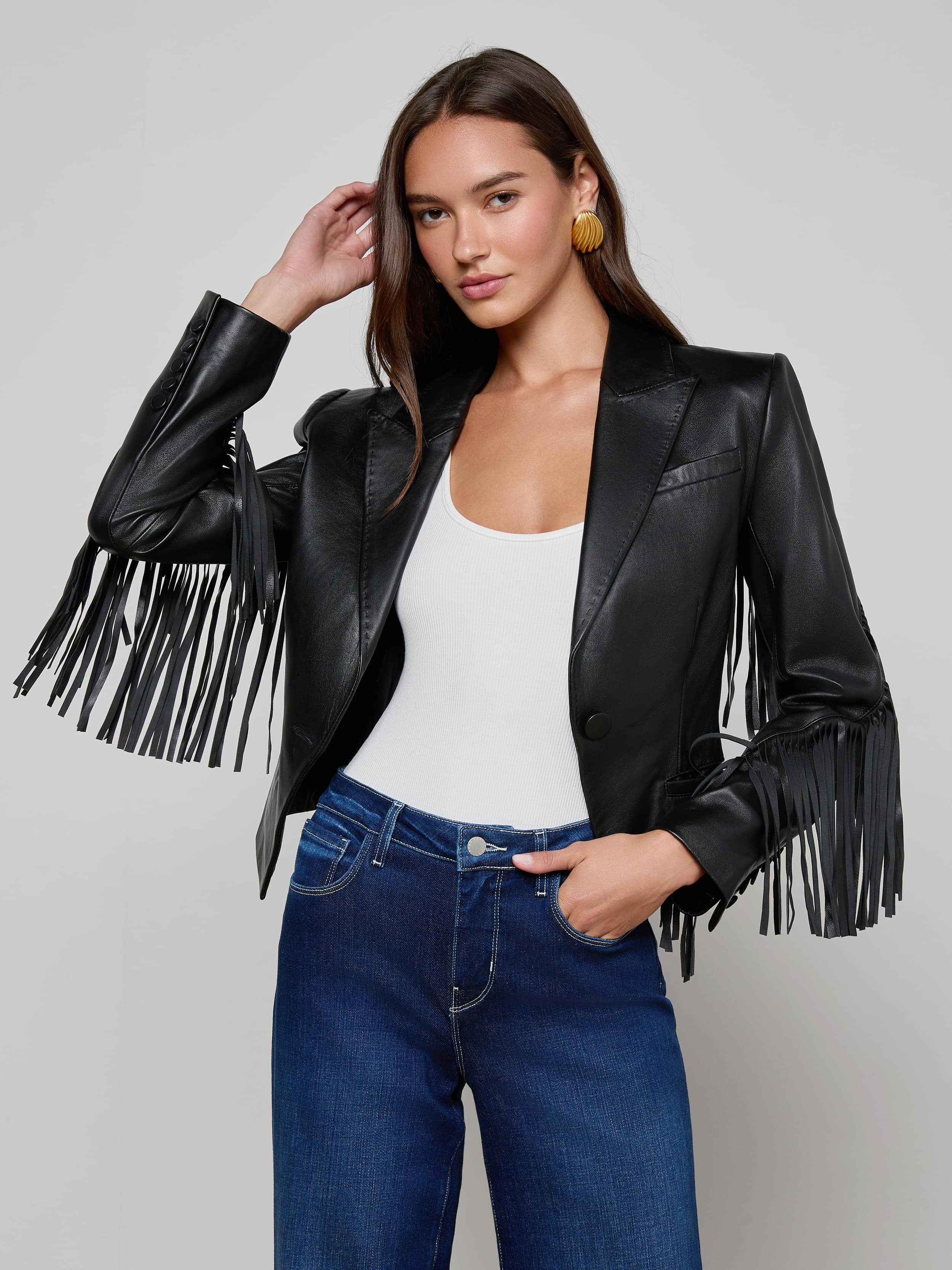 Vashti Fringed Leather Blazer in Black | L'AGENCE | L'Agence