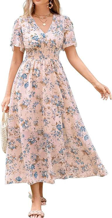 Women's Floral Maxi Dress Flowy V Neck Empire Waist Summer Wedding Guest Party Casual Chiffon Dre... | Amazon (US)