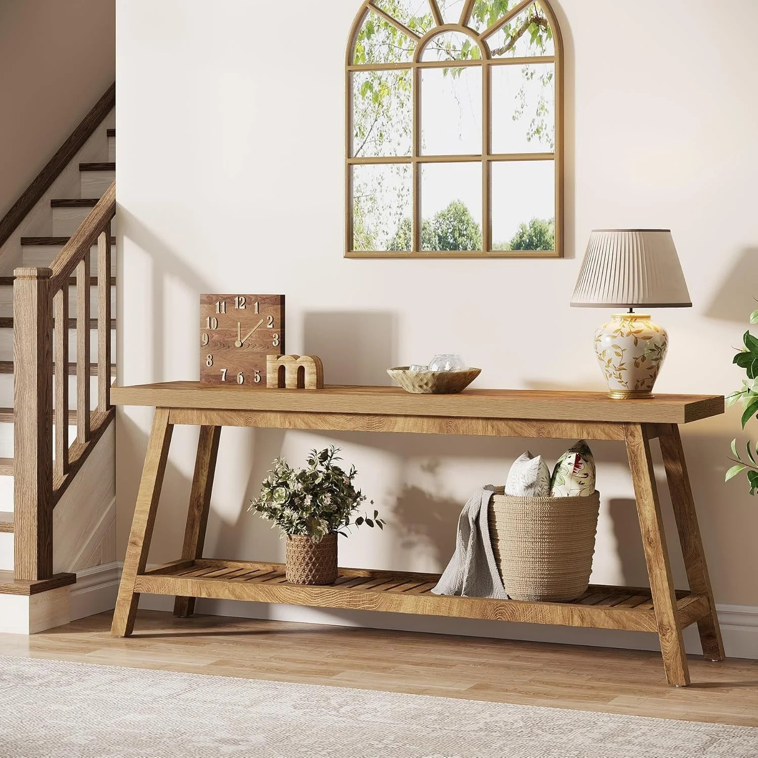 Tribesigns 70.9" Farmhouse Console Table: 2-Tier Wood Entryway Table, Light Brown - Walmart.com | Walmart (US)