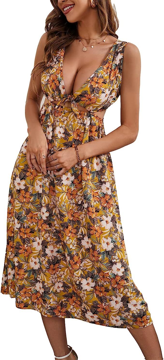 DREAM SLIM-Women's Sexy Boho tie Knot Backless Floral Print Dress Cutout v Neck Beach Swing Long ... | Amazon (US)