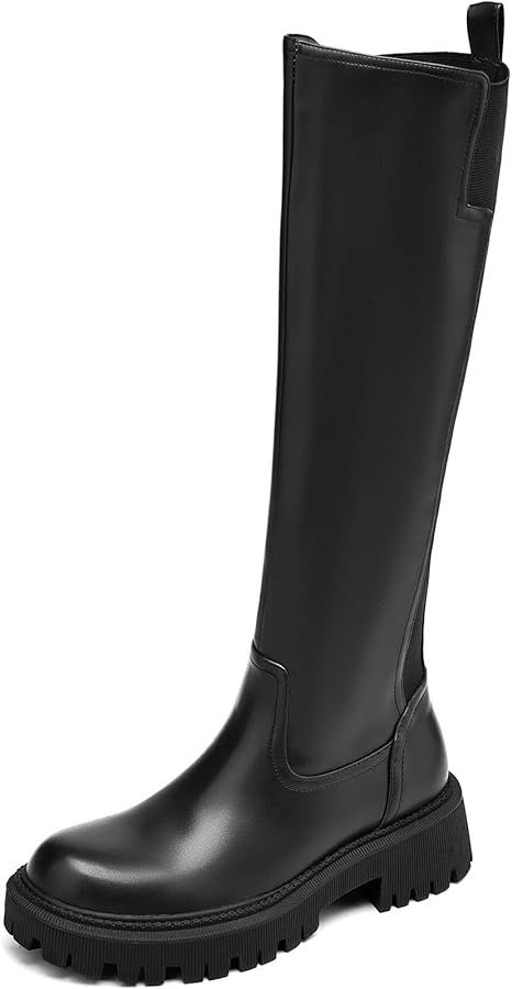 Wide Calf Knee High Boots Chunky Platform Lug Sole Boots Stretch Knee-High Round Toe Riding Boots... | Amazon (US)