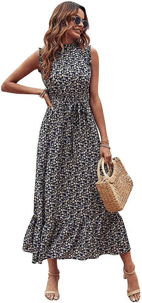 SweatyRocks Women's Floral Sleeveless Ruffle Hem A Line Midi Dress Mock Neck Belted Dresses | Amazon (US)