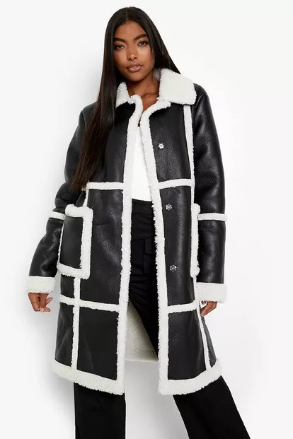 Tall Faux Fur Trim Bonded Longline Aviator Jacket | Boohoo.com (UK & IE)