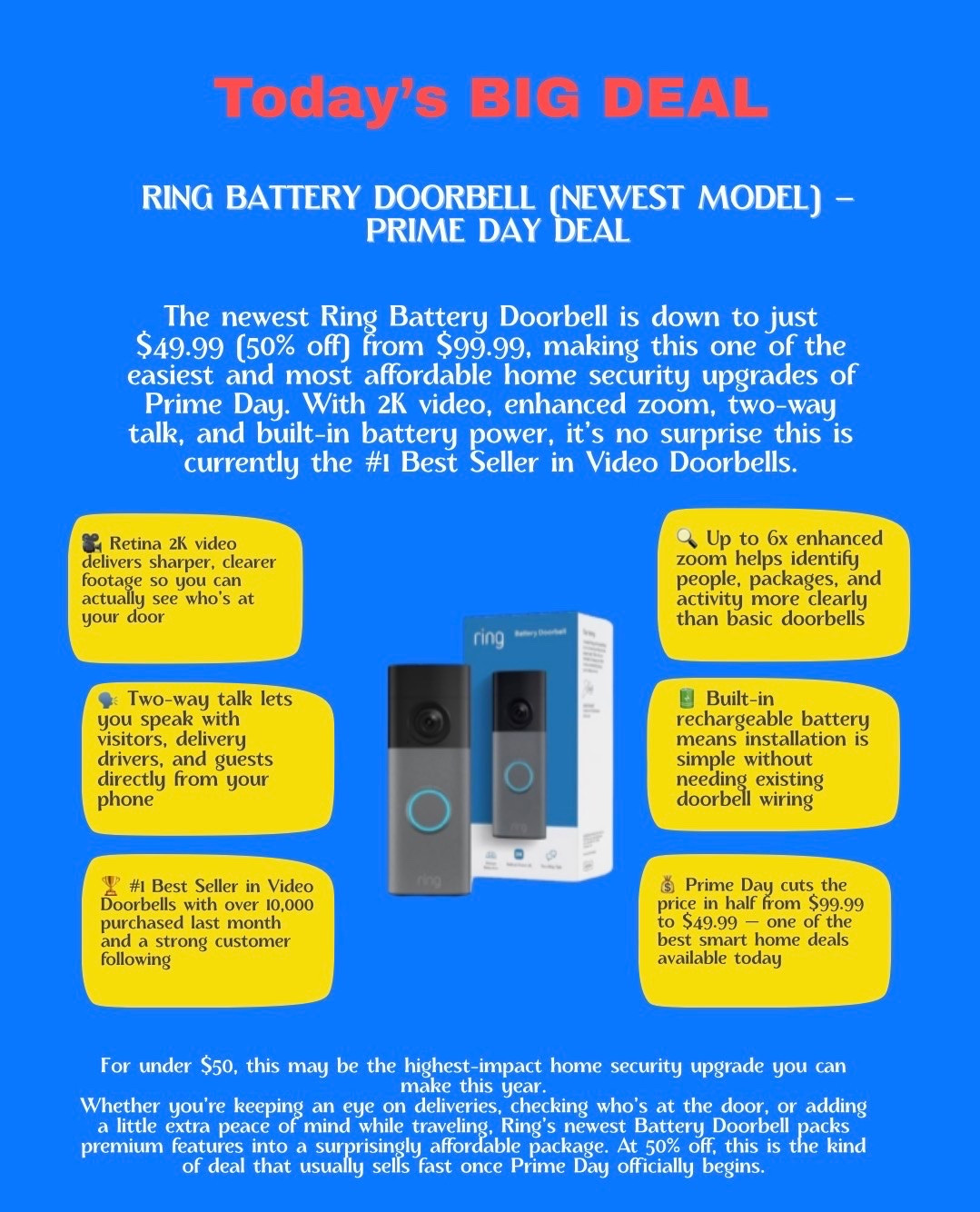 For under $50, this may be the highest-impact home security upgrade you can make this year.

Whether you’re keeping an eye on deliveries, checking who’s at the door, or adding a little extra peace of mind while traveling, Ring’s newest Battery Doorbell packs premium features into a surprisingly affordable package. At 50% off, this is the kind of deal that usually sells fast once Prime Day officially begins.

#LTKSaleAlert #LTKHome #LTKdayinmylife