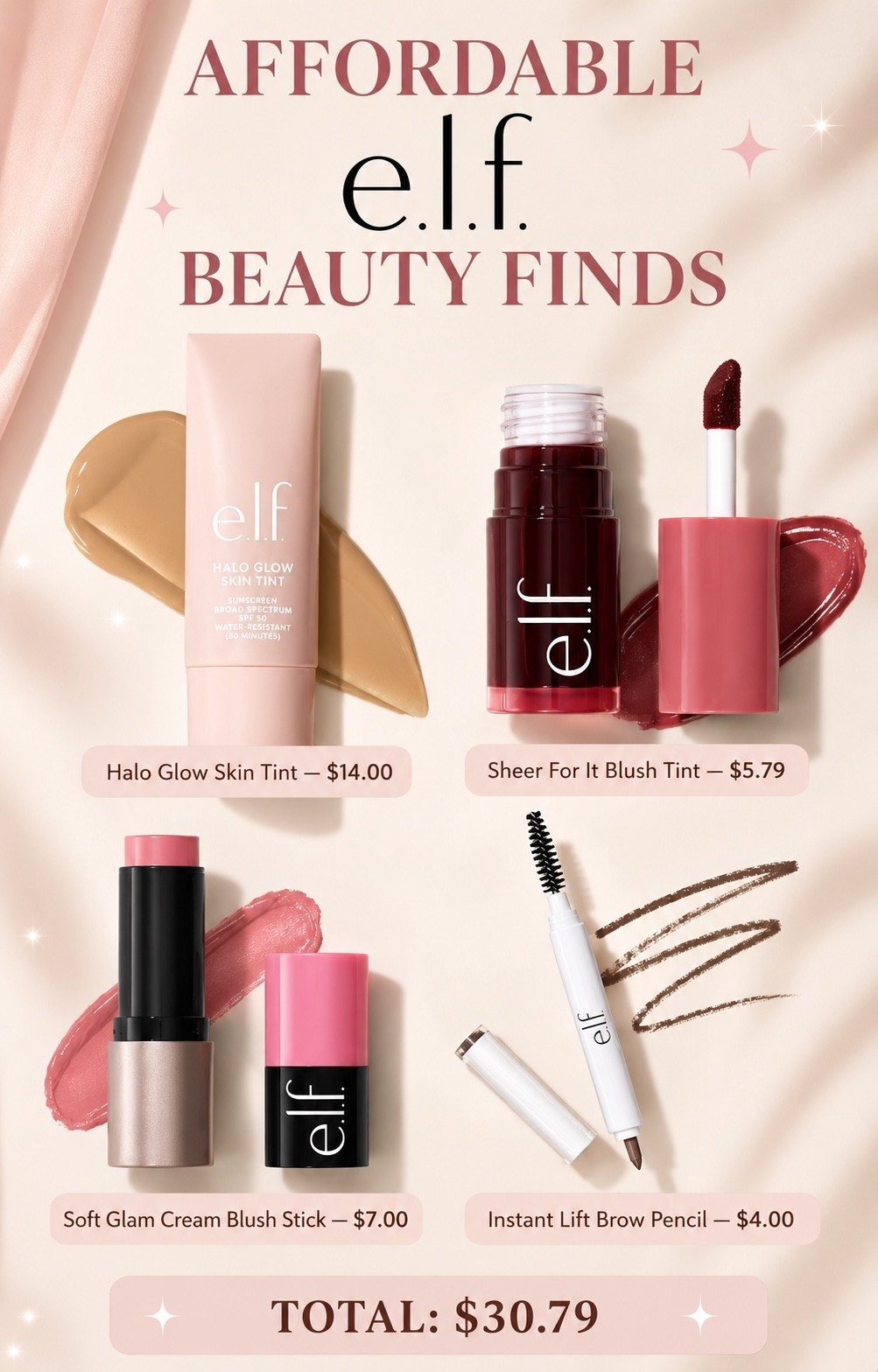 Affordable e.l.f. makeup finds that give you the perfect everyday glow without breaking the bank 💕✨

Halo Glow Skin Tint — $14.00
Sheer For It Blush Tint — $5.79
Soft Glam Cream Blush Stick — $7.00
Instant Lift Brow Pencil — $4.00

Everything together: $30.79 🤩

Shop all my beauty finds through the links in this post!#LTKUnder50 #ELFCosmetics #AffordableMakeup #DrugstoreMakeup #BeautyFinds #EverydayMakeup

#LTKBeauty #LTKmomlife #LTKSaleAlert #LTKBeauty