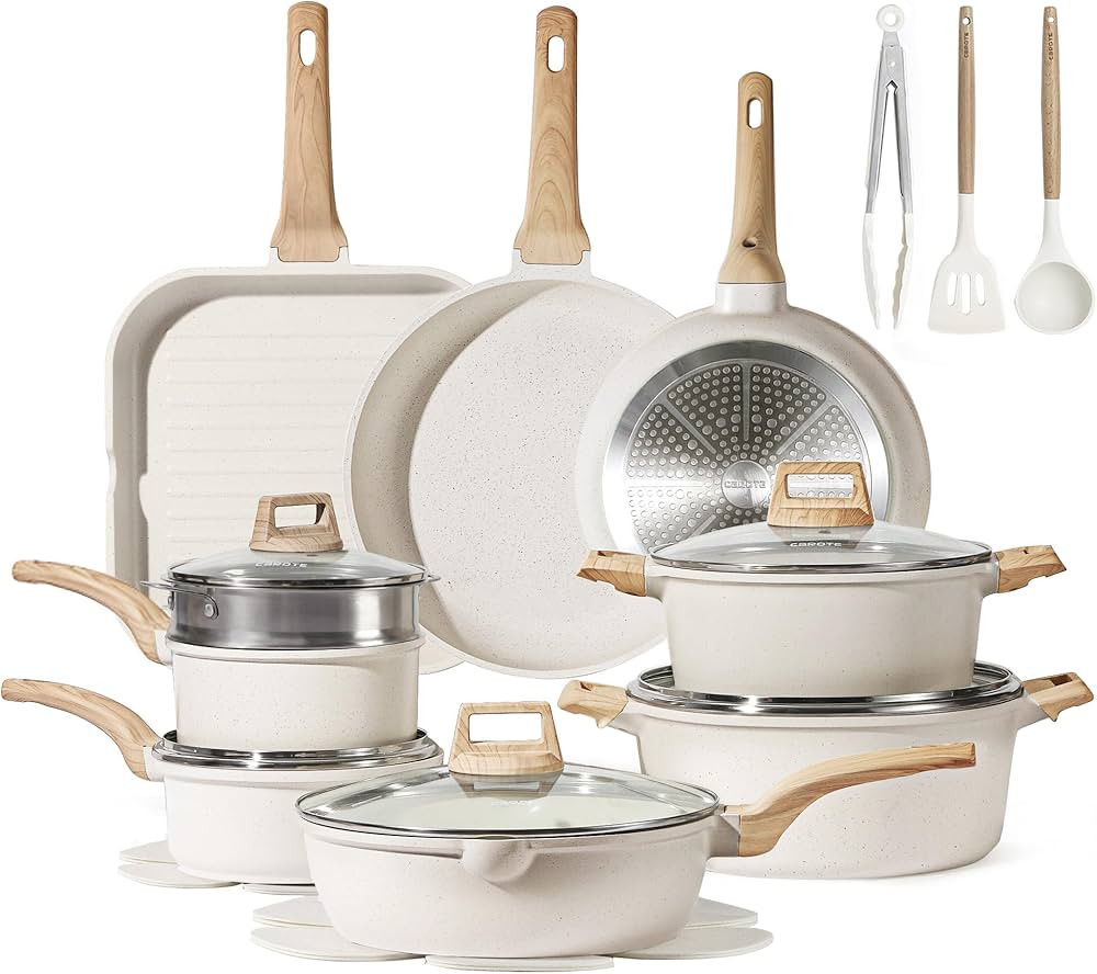 CAROTE 21pcs Pots and Pans Set Nonstick, Cookware Set White Granite Induction Kitchen Cooking Set... | Amazon (US)