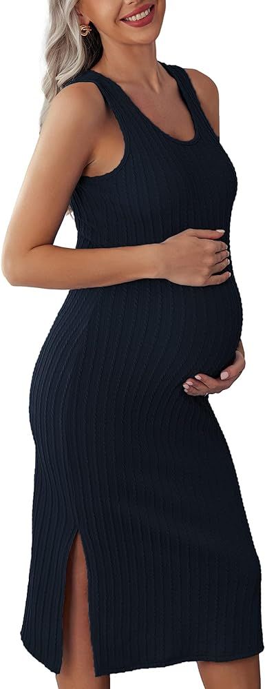 Ekouaer Women's Maternity Dress Rib Knit Sleeveless Tank Side Slit Bodycon Dresses Pregnancy Clot... | Amazon (US)