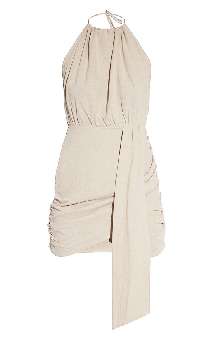 Oatmeal Linen Look Drape Detail Bodycon Dress | PrettyLittleThing US