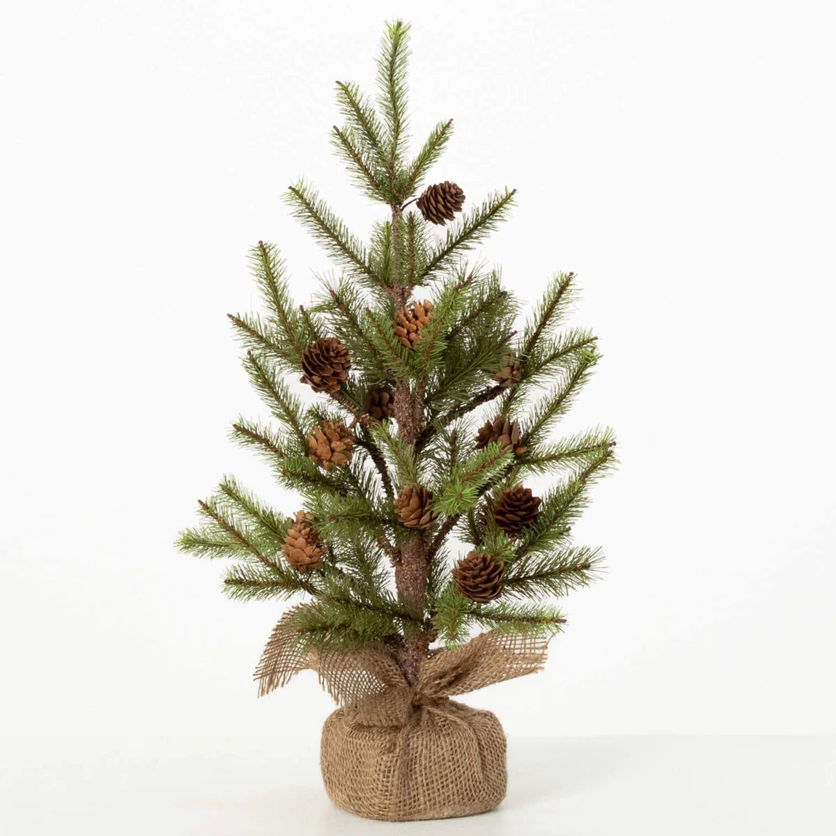 Small Winter Pine Tree with Faux Pinecones In Burlap Base Christmas Tabletop Decor | Darby Creek Trading