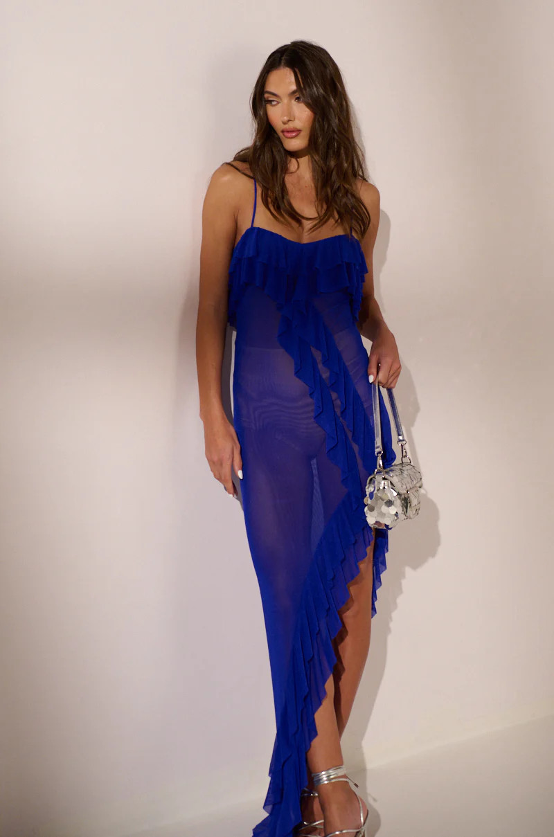 SHAKE IT SLEEVELESS RUFFLE MESH HIGH LOW MINI DRESS IN BLUE | AKIRA