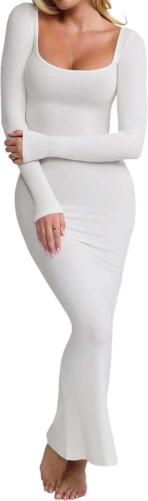 R.Vivimos Women's Maxi Lounge Dress Long Sleeve Square Neck Elastic Ribbed Knit Sexy Bodycon Dres... | Amazon (US)