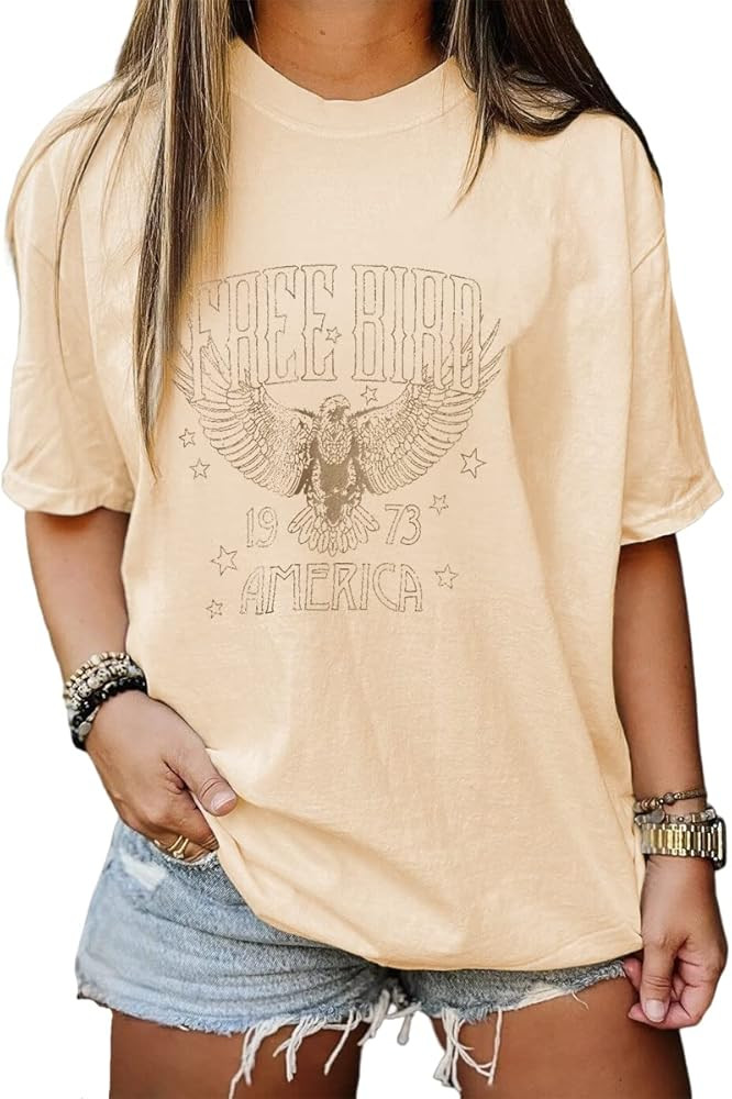 Vintage Rock Band Tshirts Women Retro Free Bird Western Graphic Tees Country Music Shirts Casual ... | Amazon (US)