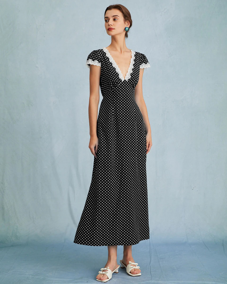 Black Polka Dot Lace Trim Maxi Dress | rihoas.com