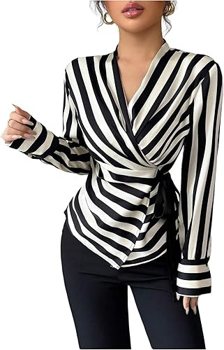 SweatyRocks Women's Long Sleeve Wrap V Neck Striped Blouse Tops Ruched Elegant Work Shirts | Amazon (US)
