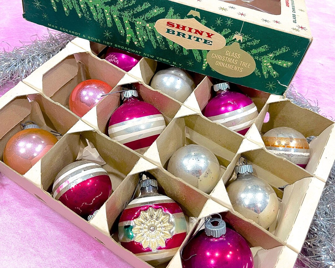 VINTAGE: 12pcs Shiny Brite Glass Ornaments in Box Old Distressed Christmas Ornaments Holliday - E... | Etsy (US)
