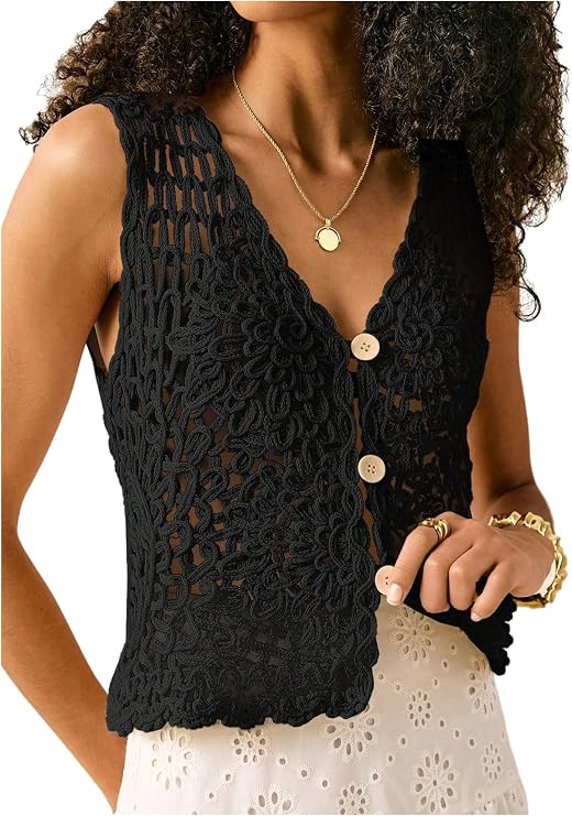 SweatyRocks Women's Summer Button Up Crochet Tank Tops Boho Hollow Out V Neck Sweater Vest | Amazon (US)