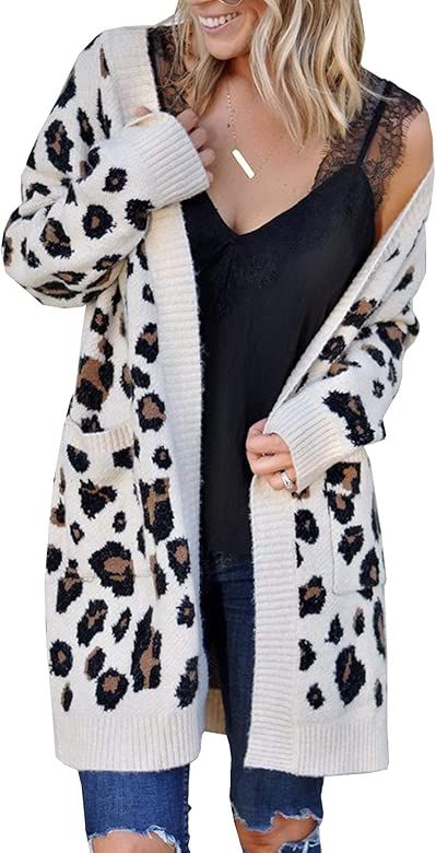 Women Leopard Cardigan Long Open Front Sweaters Loose Knit Coat Draped Jumper with Pockets | Amazon (US)
