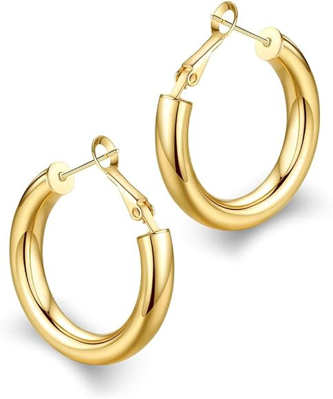 Thick Hoop Earrings Howllow 14K Gold Plated Gold Hoops for Women | Amazon (US)