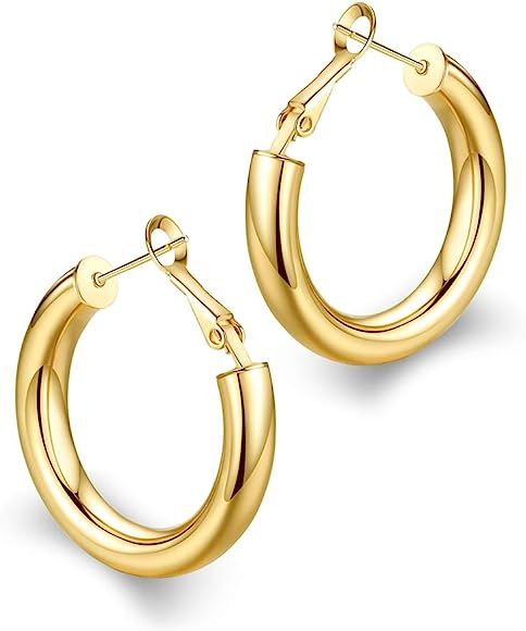 Thick Hoop Earrings Howllow 14K Gold Plated Gold Hoops for Women | Amazon (US)