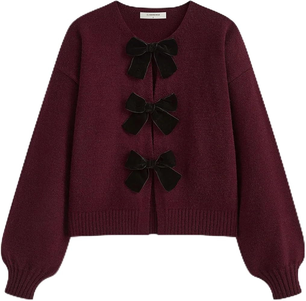 Womens Y2k Tie Front Cardigan Sweaters Bow Tie Long Sleeve Crew Neck Loose Crop Knitted Fall Wint... | Amazon (US)