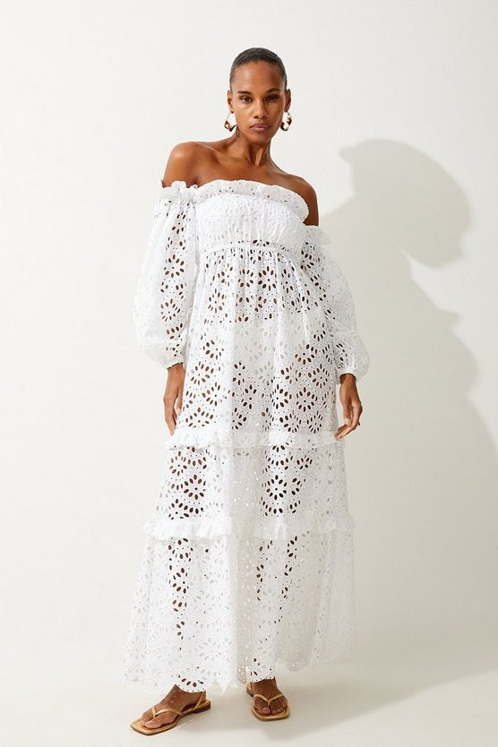 Off Shoulder Broderie Maxi Beach Woven Dress | Karen Millen UK + IE + DE + NL