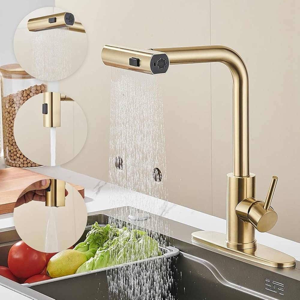 Kitchen Faucet with Pull Down Sprayer, Brushed Gold Waterfall Touch Single Hole Handle Stainless ... | Amazon (US)