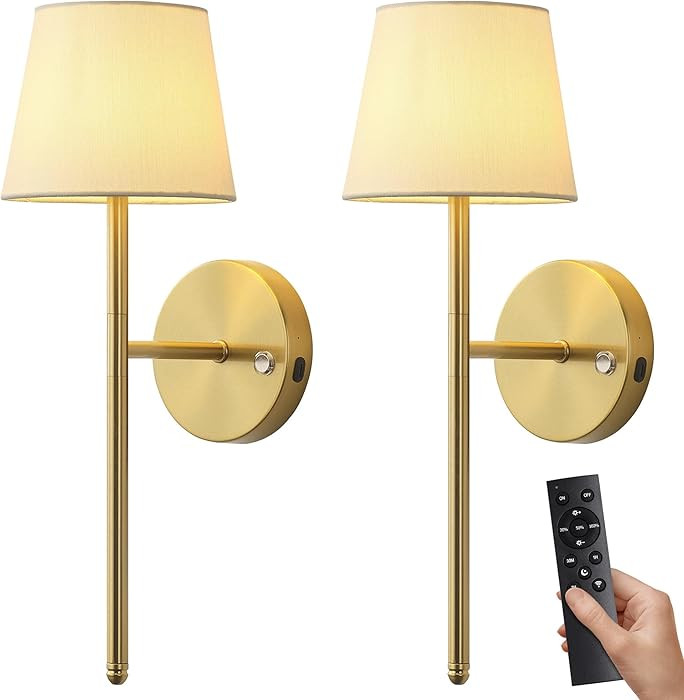 Gold Wall Sconces Set of Two, Small Rechargeable Battery Operated Wall Lamp with Remote, 5200mAh ... | Amazon (US)