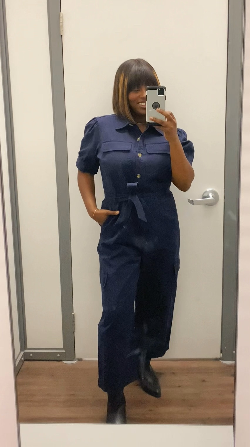 Free Assembly Women's Puff Shoulder Cargo Jumpsuit wearing a Size M, but would size down for a more fitted look.

Navy. 3/4 quarter sleeve. Fall Style. Fall Fashion. Walmart Finds. Walmart fashion, LTK finds under 50,  LTK style

#LTKSaleAlert #LTKStyleTip #LTKFindsUnder50