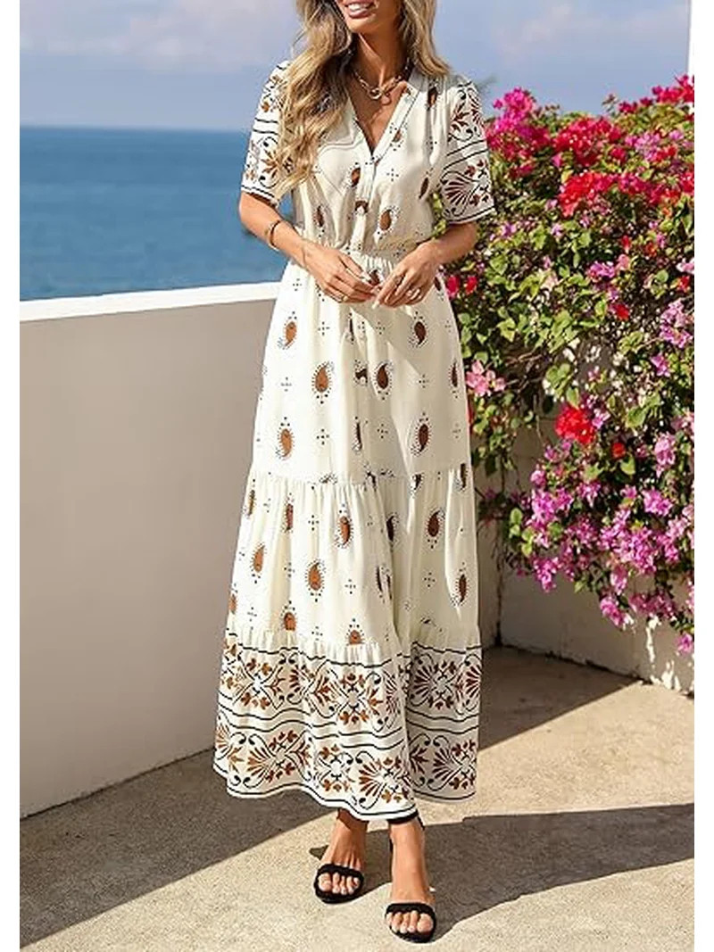 PRETTYGARDEN Womens Summer Boho Maxi Dress Trendy Short Sleeve V Neck Flowy Beach Floral Dresses ... | Walmart (US)