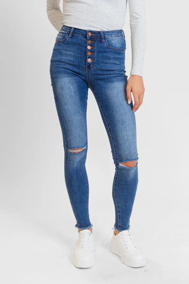 Chelsie Medium Wash Busted Knee Tall Skinny Jeans FINAL SALE | Pink Lily