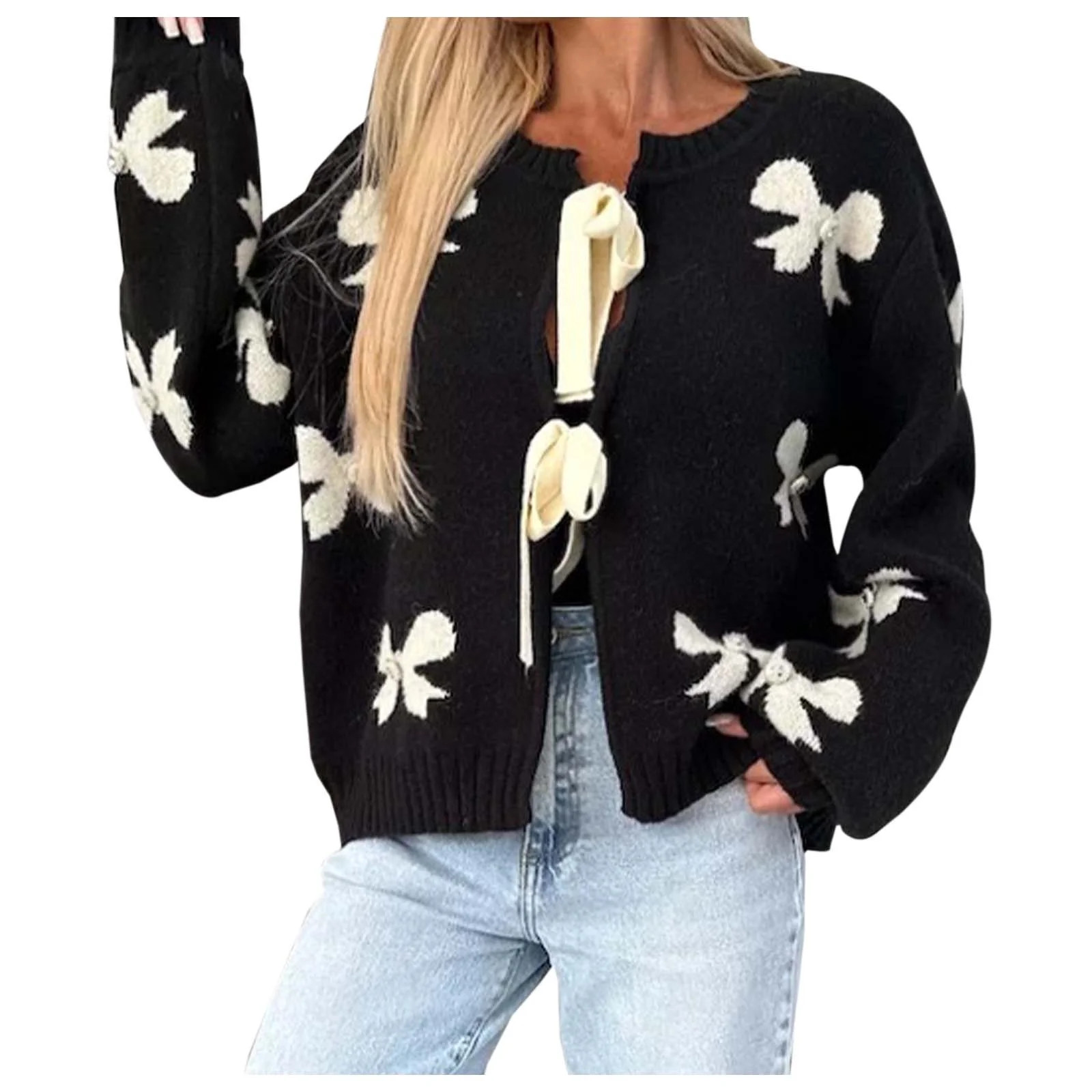Wang6 Womens Cardigan Sweaters Fall Winter Long Sleeve Open Front Knits Trendy Bow Tie Printed La... | Walmart (US)