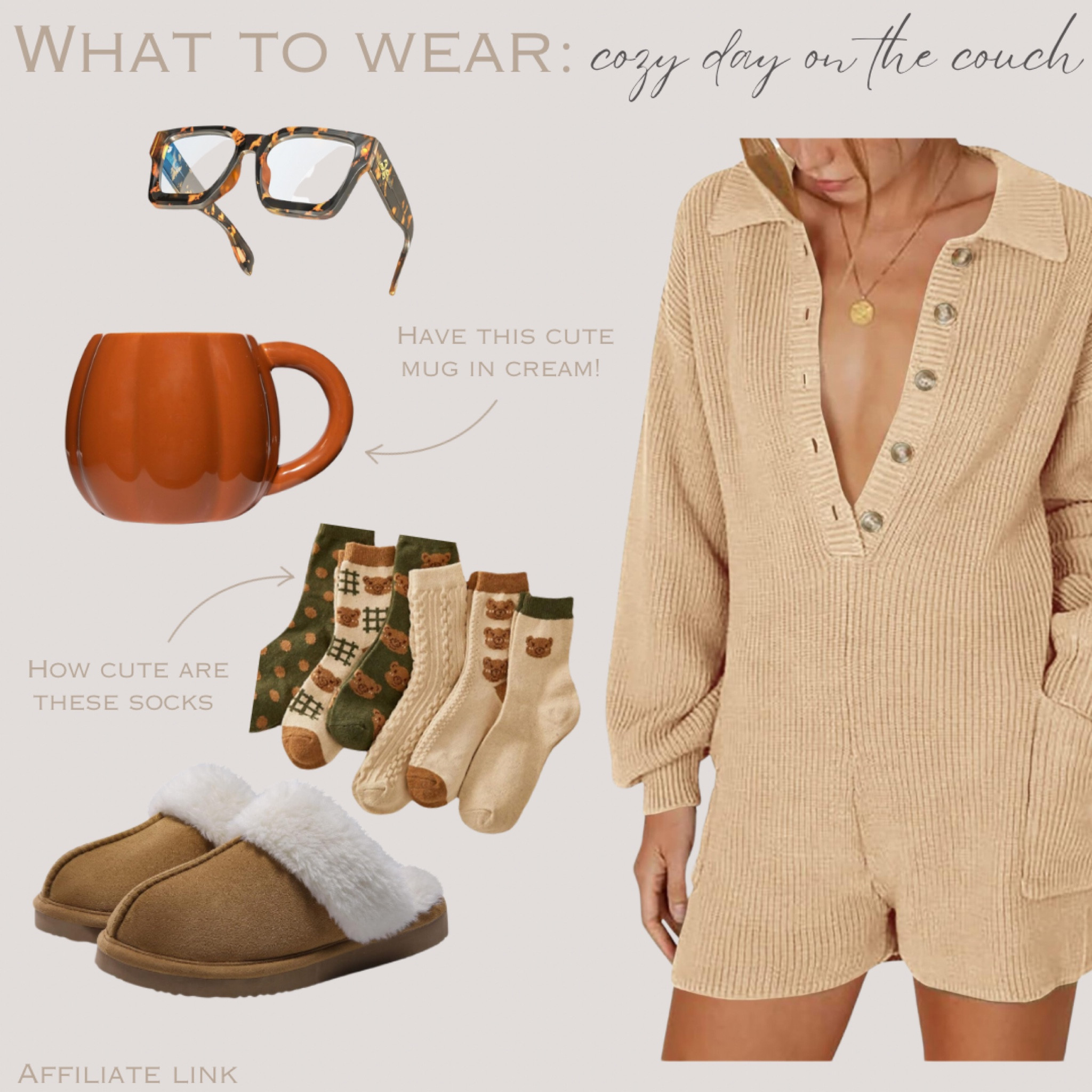 What to wear: cozy day on the couch 🤎

Sweater romper, jumpsuit, fuzzy slippers, bear socks, pumpkin mug, blue light glasses 


#amazon #amazonfinds 

#LTKStyleTip #LTKSeasonal