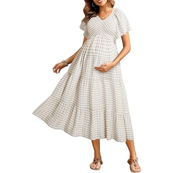 Maternity Dress for Baby Shower - 2025 Photoshoot Pregnancy Summer Midi Casual Flutter Sleeve Dre... | Amazon (US)