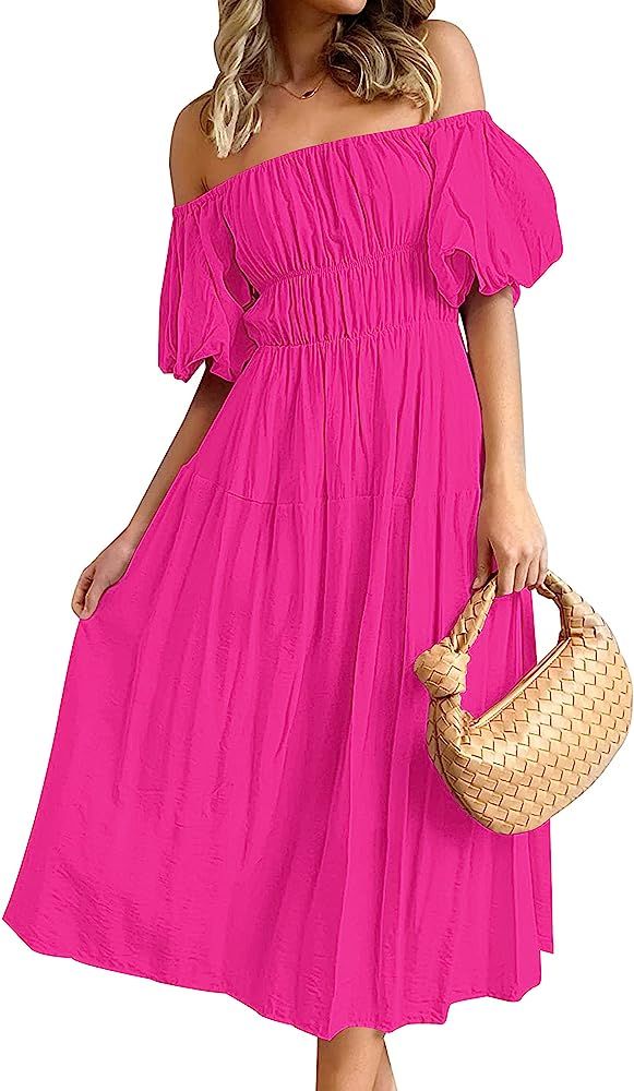 MEROKEETY Women's Puff Sleeve Off Shoulder Summer Midi Dress Ruffle A Line Flowy Dress with Pocke... | Amazon (US)