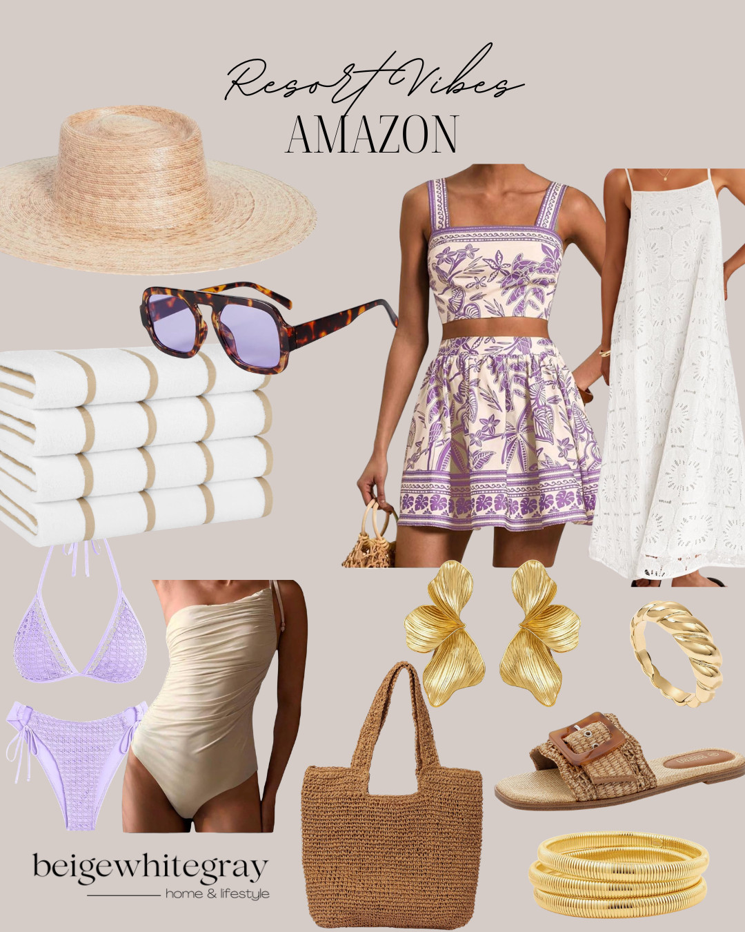 Resort outfit ideas for women, amazon vacation outfits, beach vacation style inspiration, neutral summer wardrobe staples, coastal grandmother outfit ideas, european summer outfit aesthetic, beach accessories amazon finds, straw tote bag outfit styling, oversized sun hat beach look, chic swimsuit styling ideas, neutral one piece swimsuit, summer gold jewelry trends, woven sandals outfit ideas, effortless vacation style women, poolside outfit inspiration, feminine summer dresses amazon, capsule wardrobe summer neutral tones, vacation packing list outfits, relaxed resort wear aesthetic, amazon fashion finds summer 2026

#LTKgrwm #LTKBeauty #LTKTravel