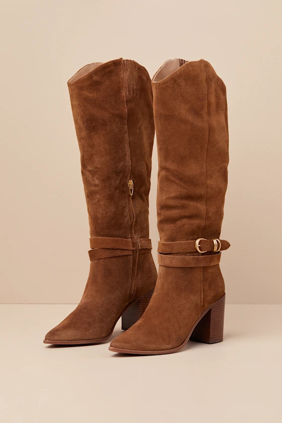 Tyrone Wide Calf Brown Suede Buckle Pointed-Toe Knee-High Boots | Lulus