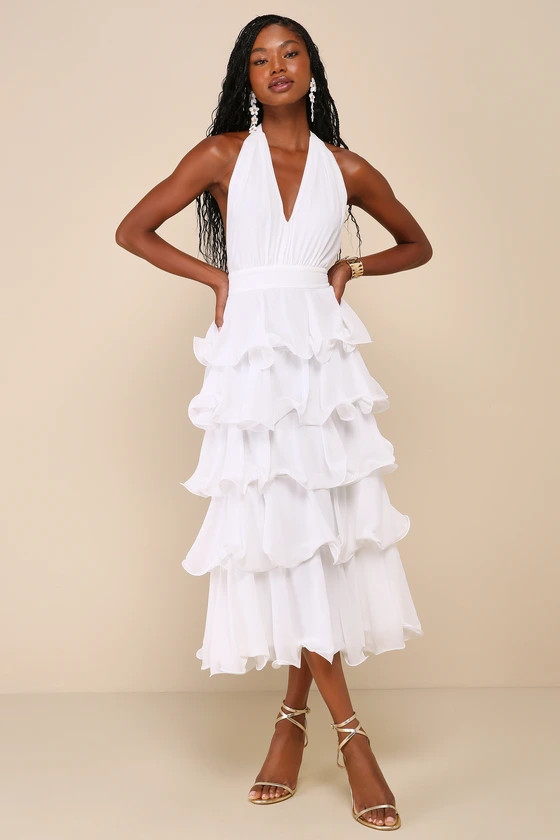 Exceedingly Gorgeous White Tiered Halter Midi Dress | Lulus