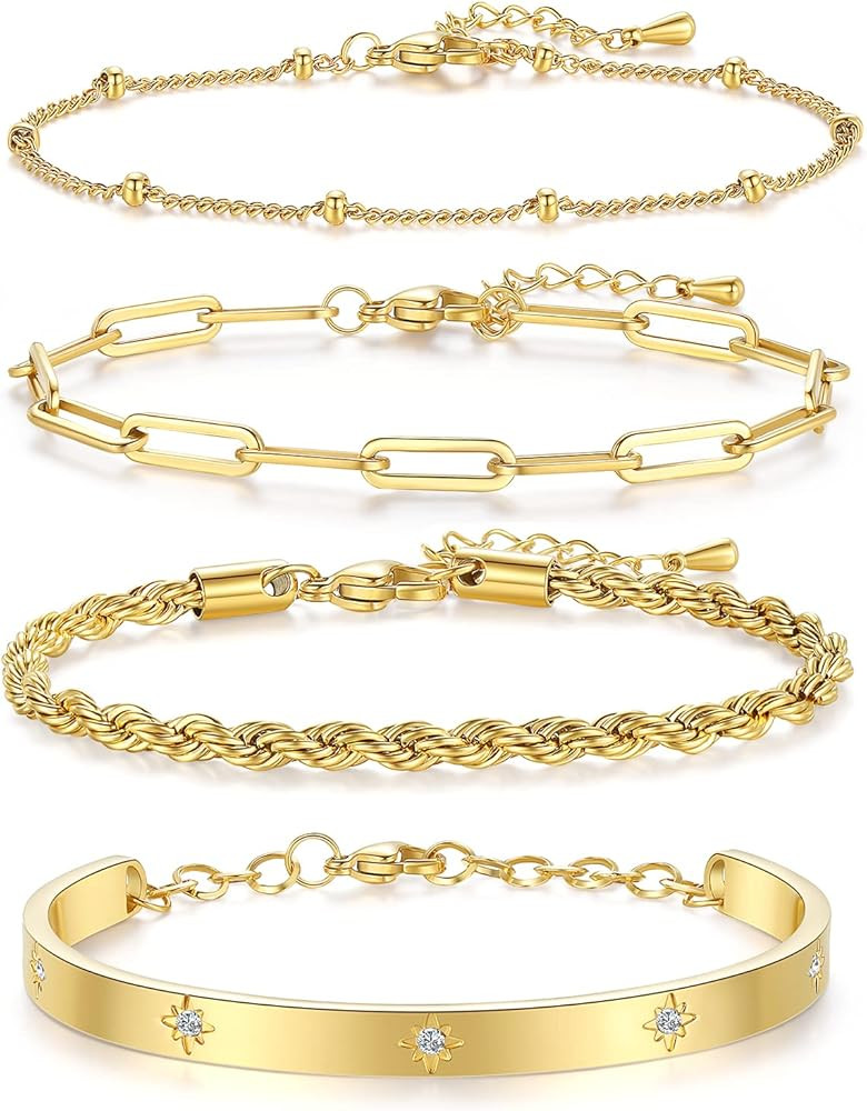 Dainty Gold Bracelets for Women 18K Gold Plated Adjustable Stackable Bracelets Set Cubic Zirconia... | Amazon (US)