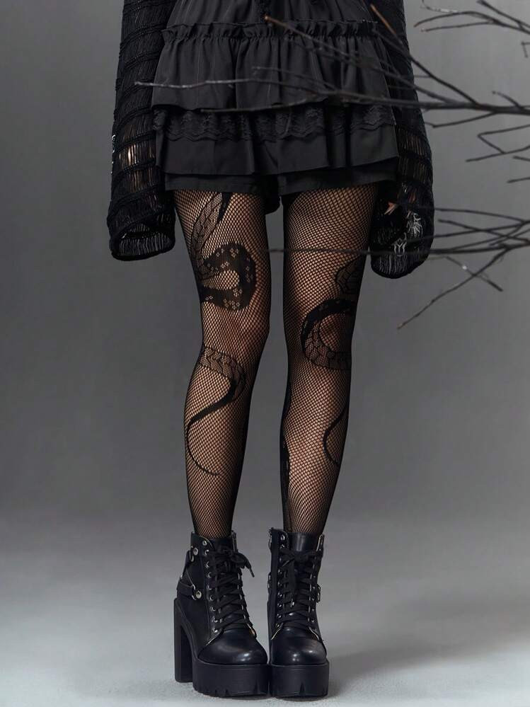 ROMWE Goth 1pair Snake Pattern Fishnet Stockings, Halloween | SHEIN