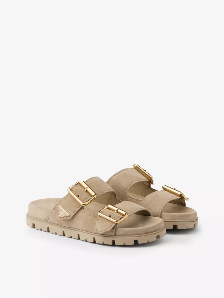 Brand-plaque buckled suede sliders | Selfridges