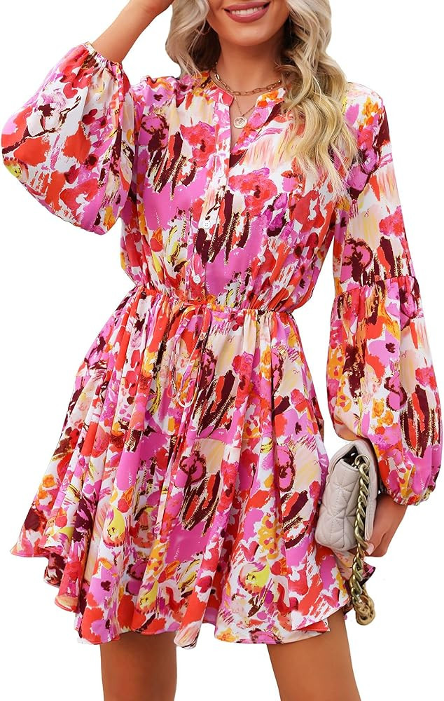 Prettywear Women's Spring Summer Floral Mini Dress 2023 Boho Lantern Long Sleeve Button Up Tie Wa... | Amazon (US)