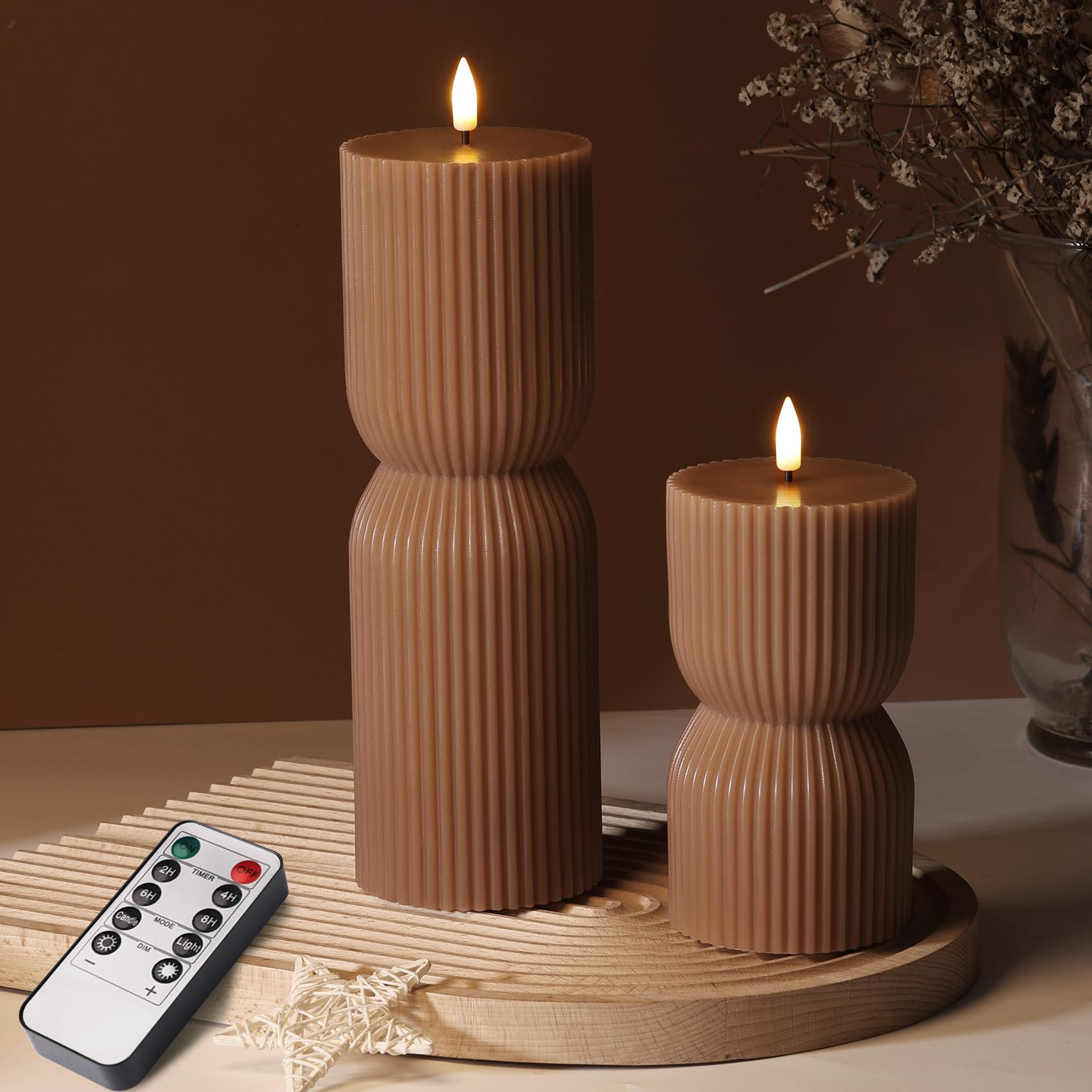 Brown Ribbed Flameless Pillar Candles with Remote, Real Wax Flickering Battery LED Candles Set of... | Amazon (US)