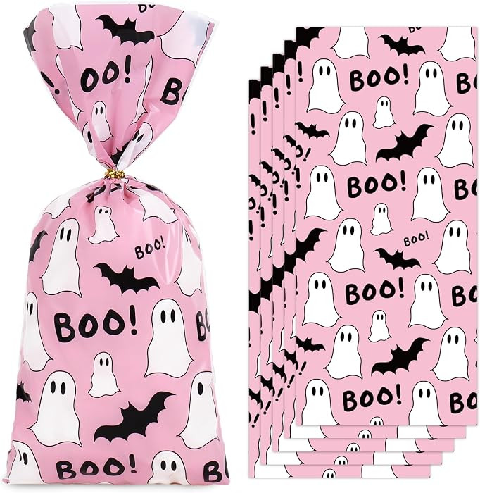 JarThenaAMCS 100Pcs Halloween Cellophane Bags with Twist Ties Pink Black Boo Ghost Bat Treat Bag ... | Amazon (US)