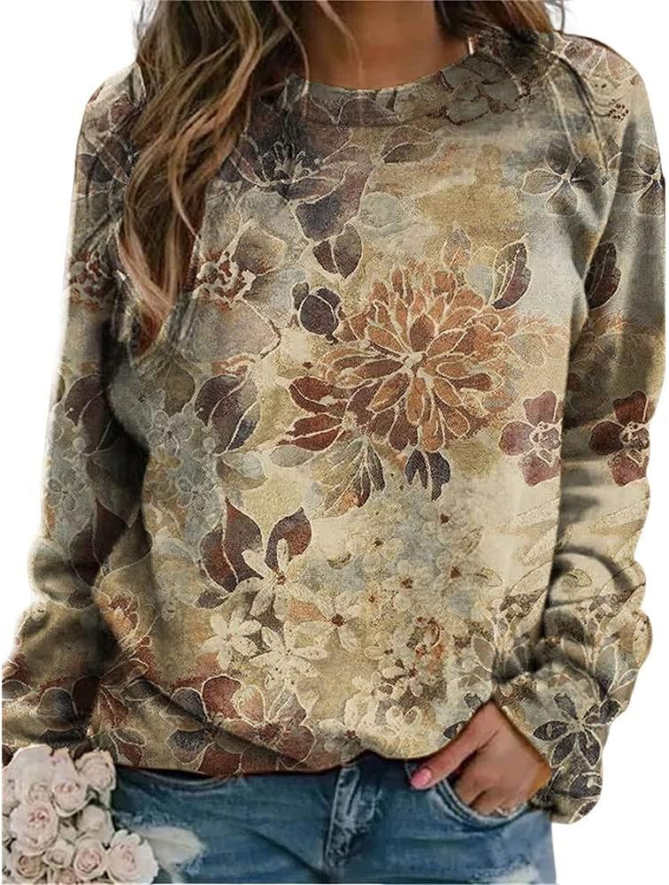 Akivide Women's Long Sleeve Flower and Landscape Print Sweatshirt Casual Fall Loose Crewneck Pull... | Amazon (US)
