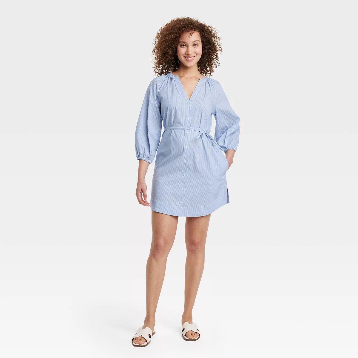 Women's Balloon 3/4 Sleeve Mini Shirtdress - A New Day™ Blue/White Pinstripe S | Target