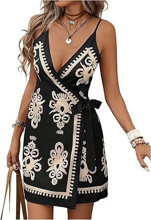 RoseSeek Women's Tropical Print Cami Dress Sleeveless Wrap V Neck Tie Knot Boho Short Dresses | Amazon (US)