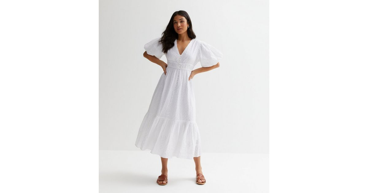 Petite Off White Broderie Button Front Midi Dress | New Look | New Look (UK)