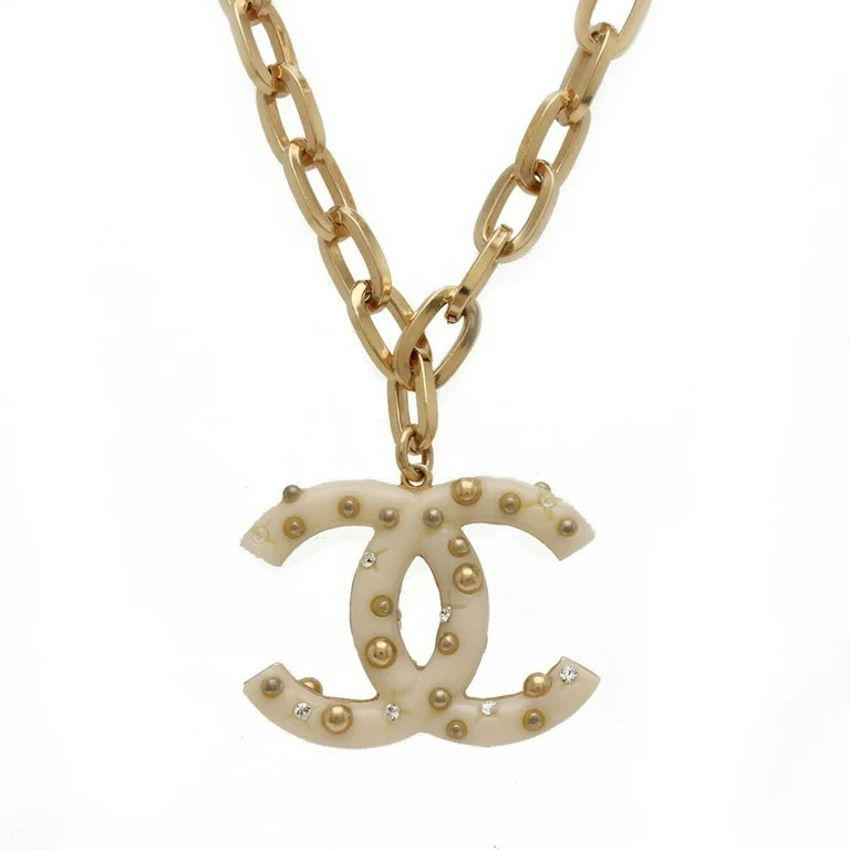 Pre-Owned CHANEL Coco Mark Chain Necklace Pendant GP Plastic Studs Rhinestone Ivory Gold 06A (Goo... | Walmart (US)